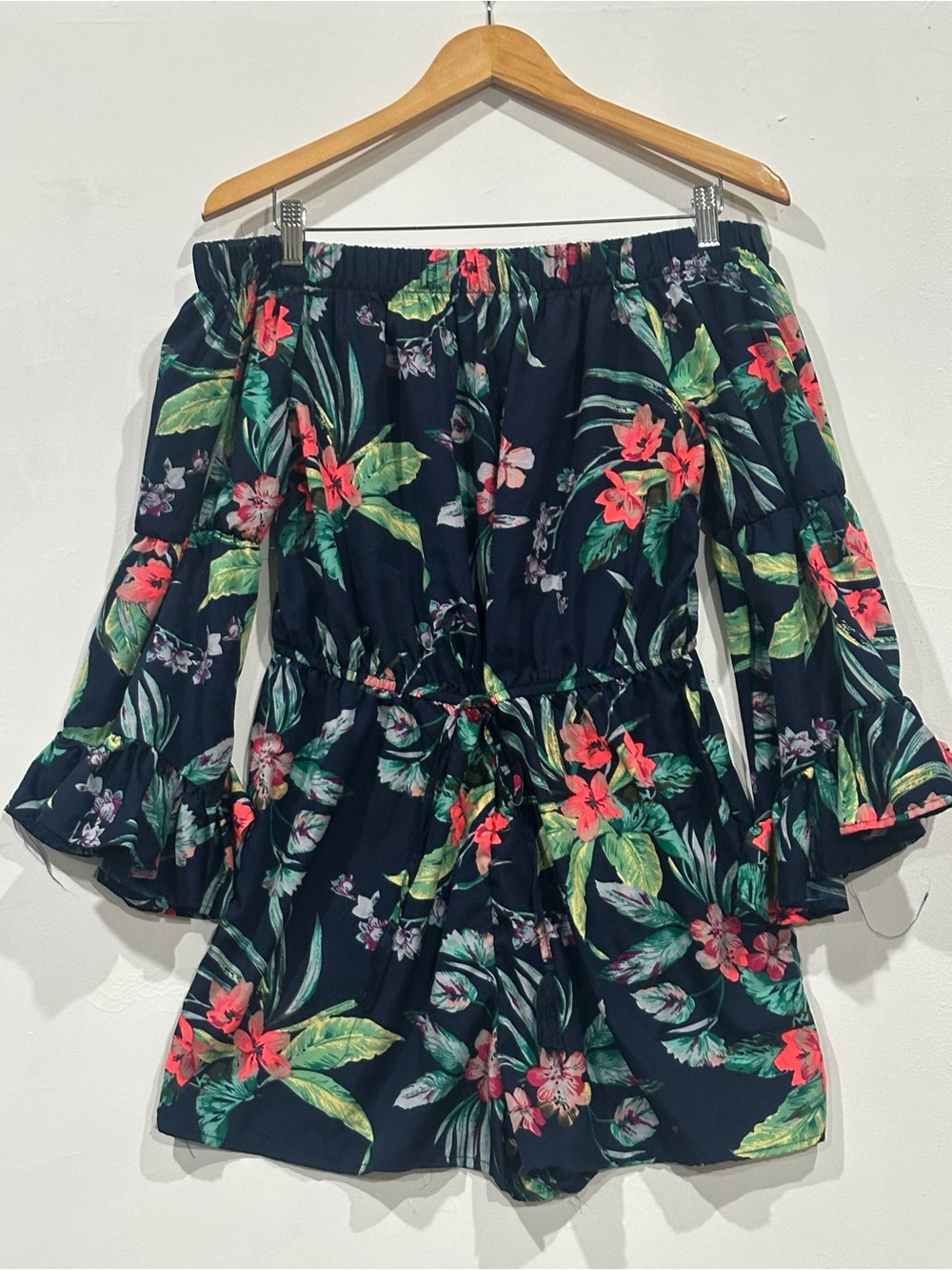 Off-Shoulder Floral Romper in Navy with Tropical Print